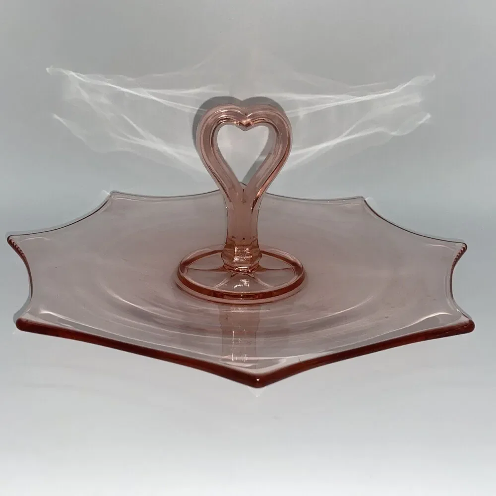 vtg Pink Glass Tidbit Tray Heart Handle Art Deco Serving Dish Plate love